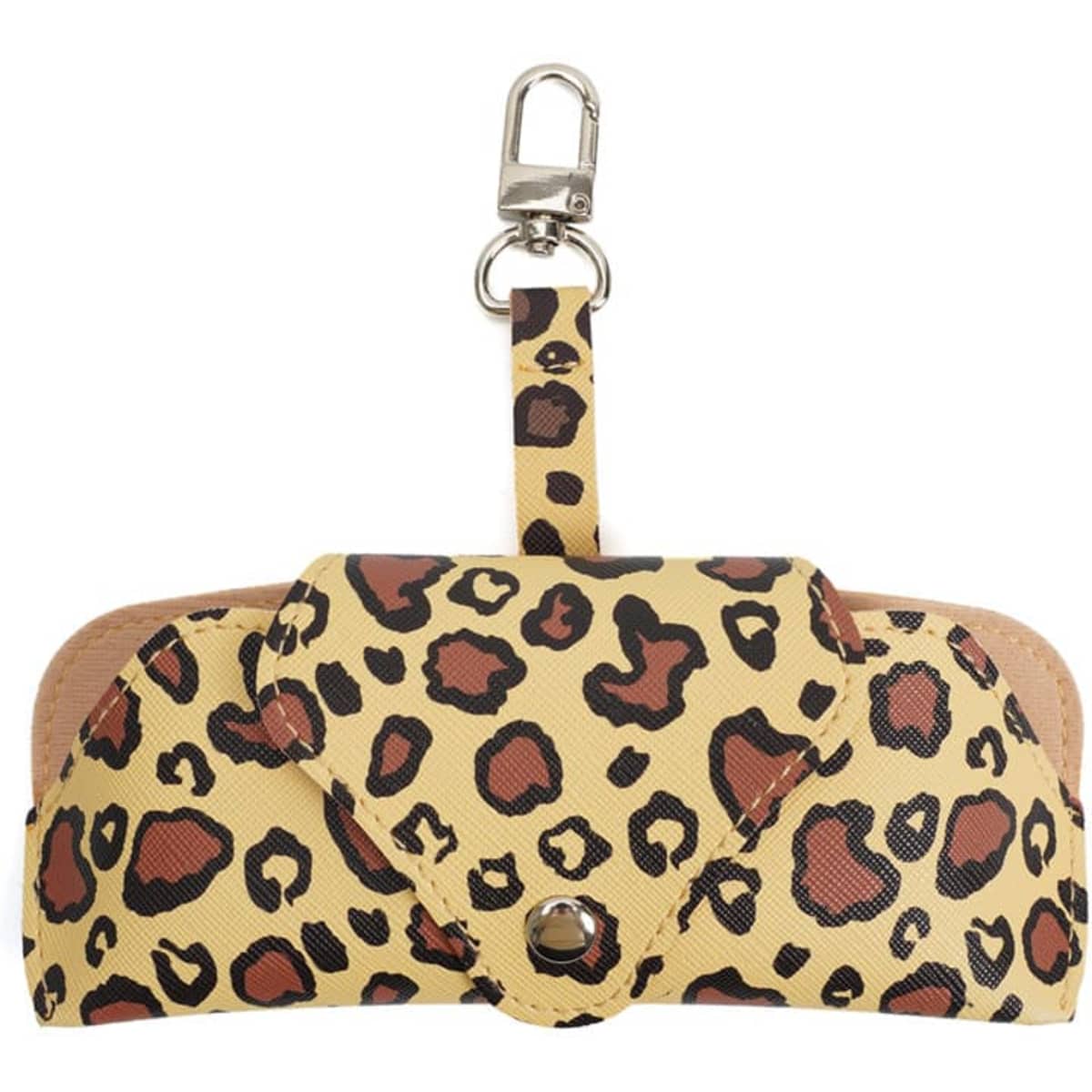 A portable glasses pouch in yellow with a leopard print design, featuring a carabiner for easy attachment.