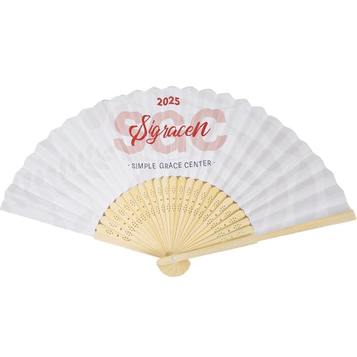 A custom printed fan with a white fabric surface and a wooden handle, featuring a logo and decorative text.