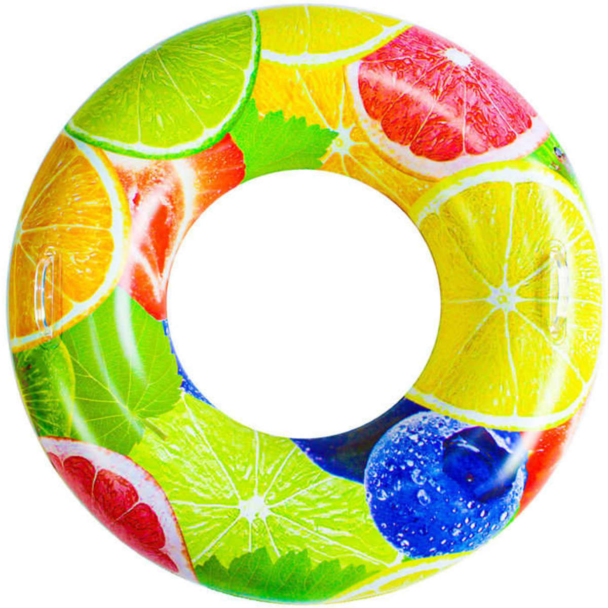 A large inflatable swimming ring in bright colours featuring citrus fruit designs, including lemons, limes, and oranges.
