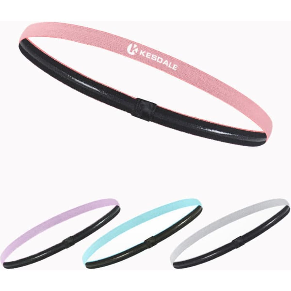 Custom silicone sports headbands in pink, purple, teal, and grey, featuring a logo on each band.