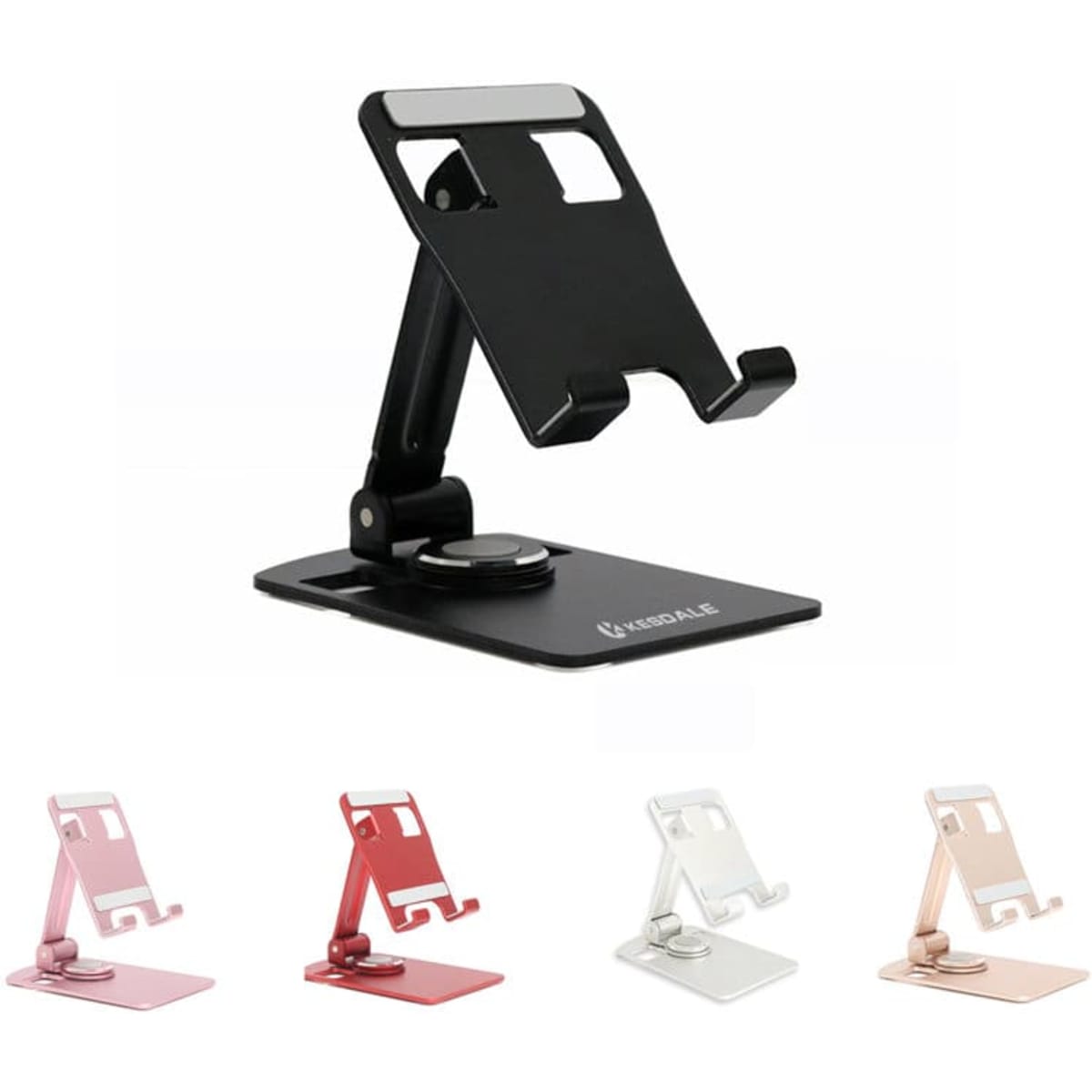A black rotatable phone holder with a sturdy base, accompanied by stands in red, white, and rose gold.
