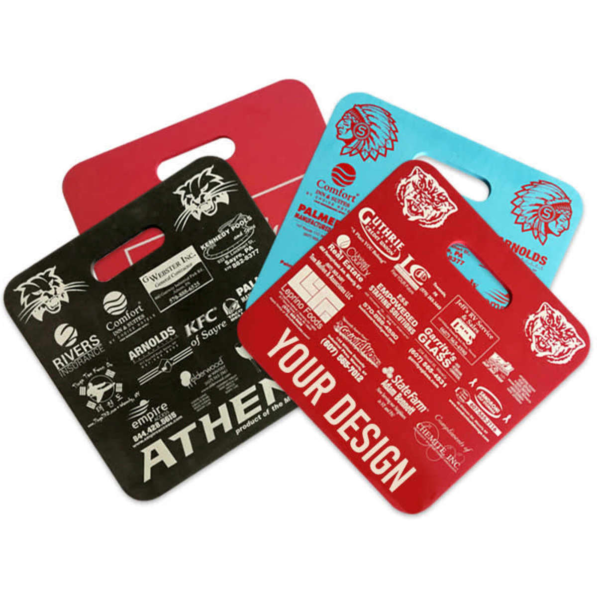 Three outdoor stadium seat cushions in black, red, and blue, featuring various logos and a blank design area.