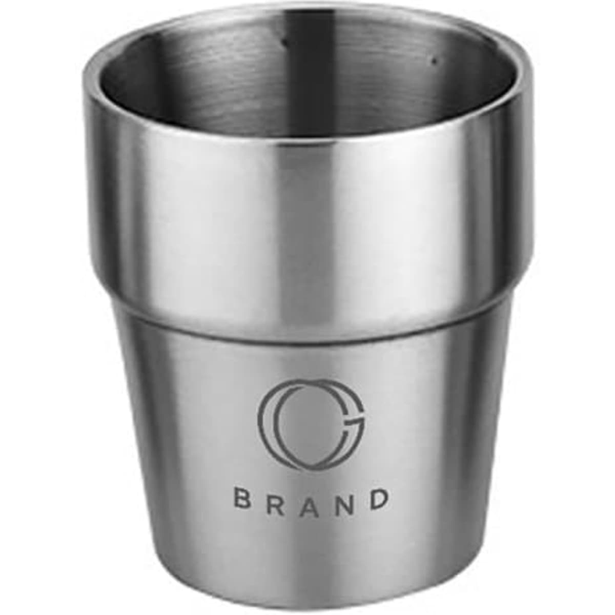 A stainless steel cup with a sleek design, featuring a logo, in a shiny silver finish.