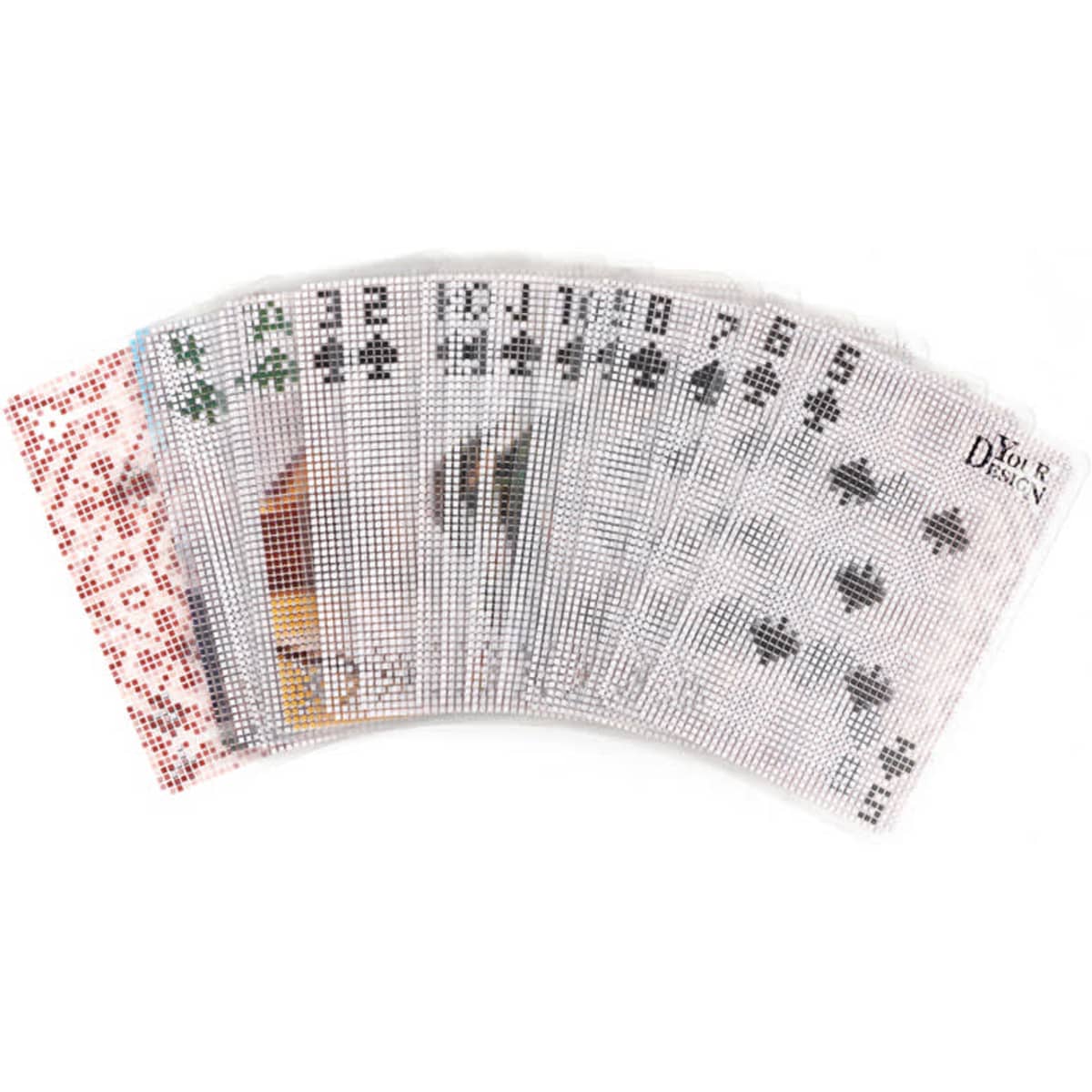 A fan of custom clear PVC playing cards featuring black and red suits, with a subtle logo visible on the cards.