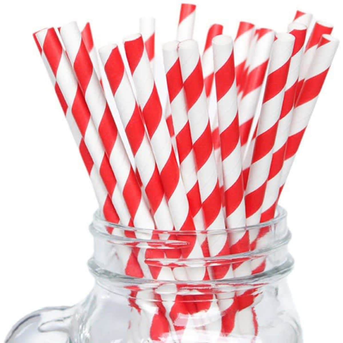 A glass jar filled with red and white striped paper drinking straws.