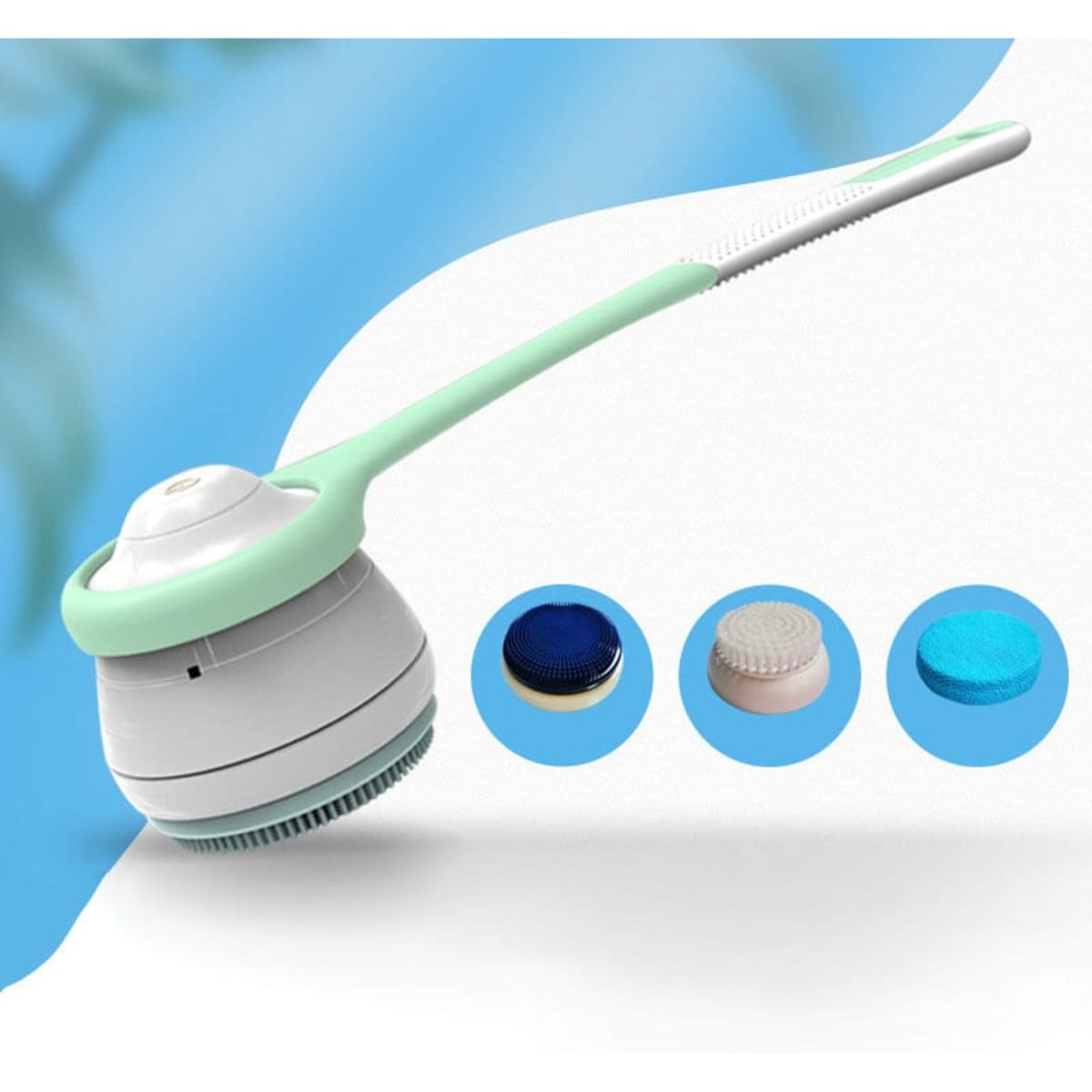 A multifunctional detachable electric bath brush in green and white with three interchangeable brush heads.