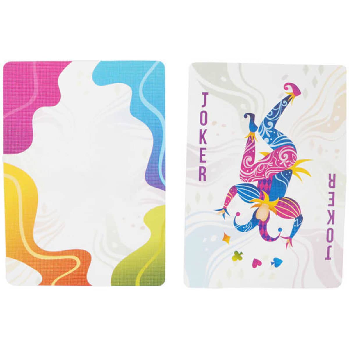 A set of playing cards featuring vibrant designs, including a colourful joker card with artistic illustrations.