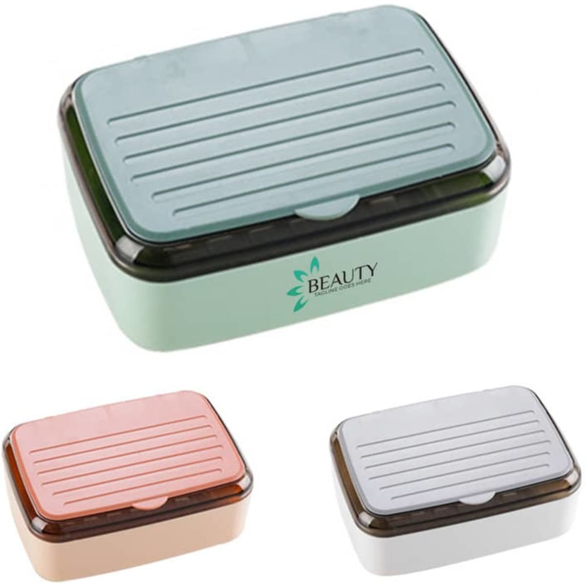 A portable soap case with a lid, featuring mint green, light pink, and white colours, and includes a logo.