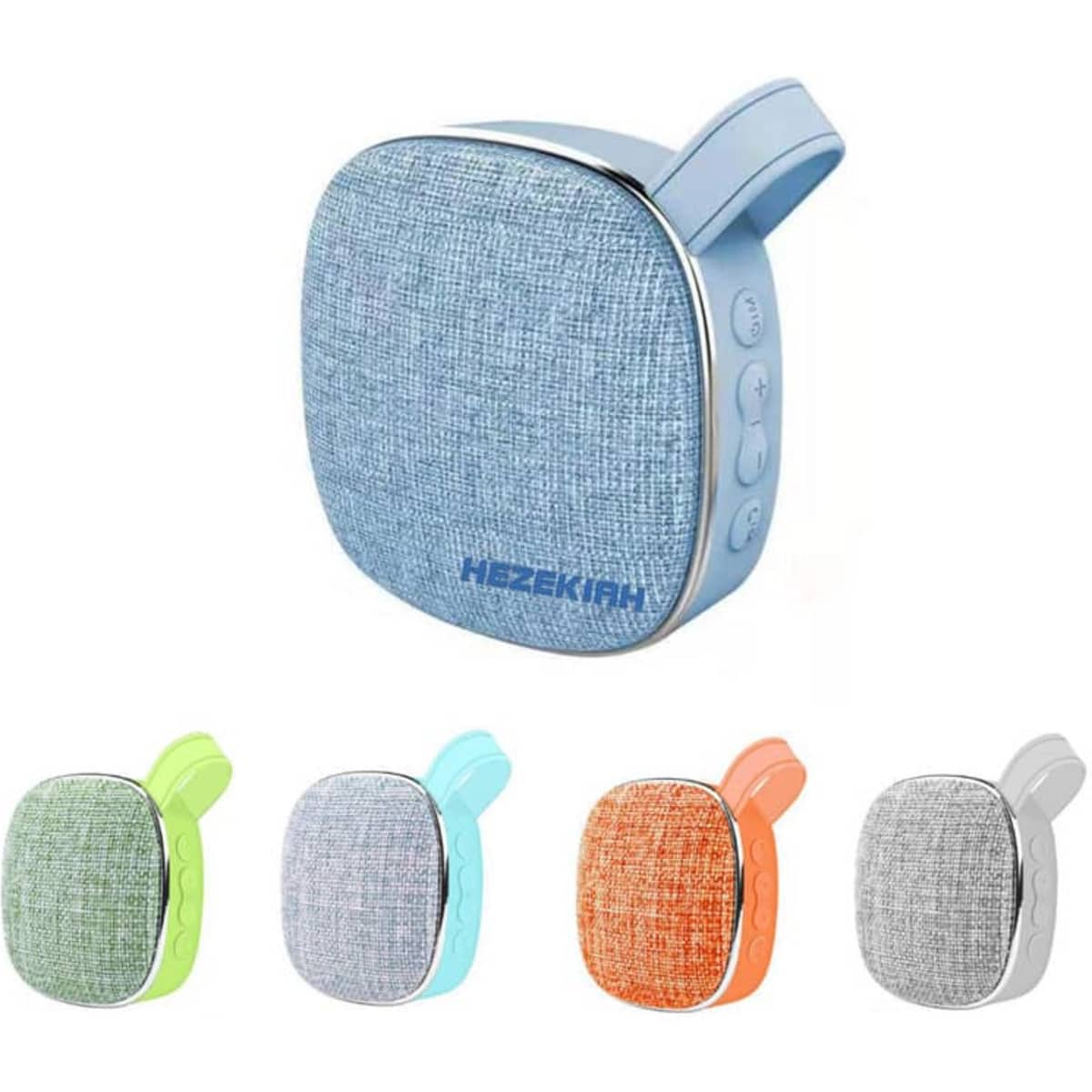 A small fabric wireless speaker in blue, with additional colours including orange, green, teal, and grey. Features a logo.