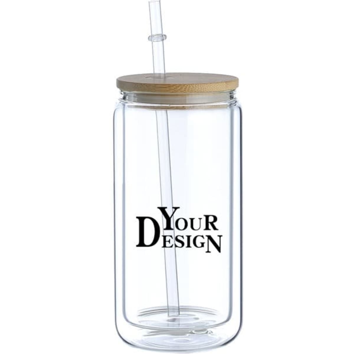 A drink bottle featuring a clear glass body, bamboo lid, and a straw. It includes a branding area.