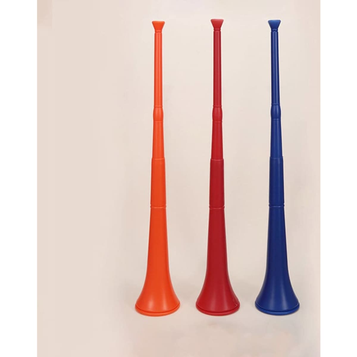 Three collapsible stadium horns in orange, red, and blue, featuring a logo on each horn.