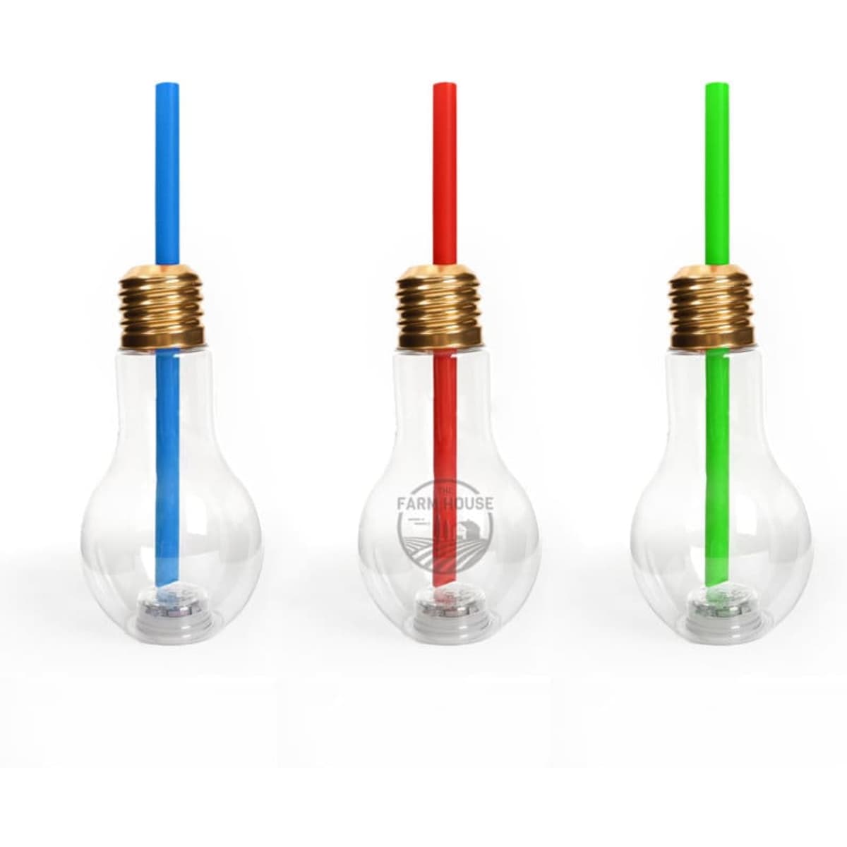 A drink bottle featuring a light bulb design, with red, green, and blue straws and a gold lid. Clear plastic body.