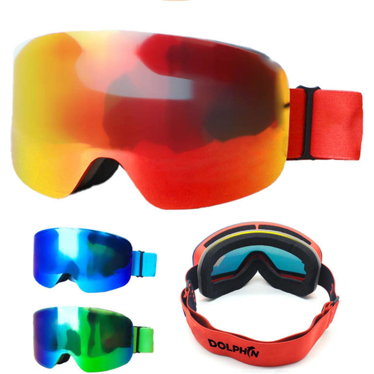Double layer ski goggles in red with multicoloured mirrored lenses, featuring adjustable straps and a logo.