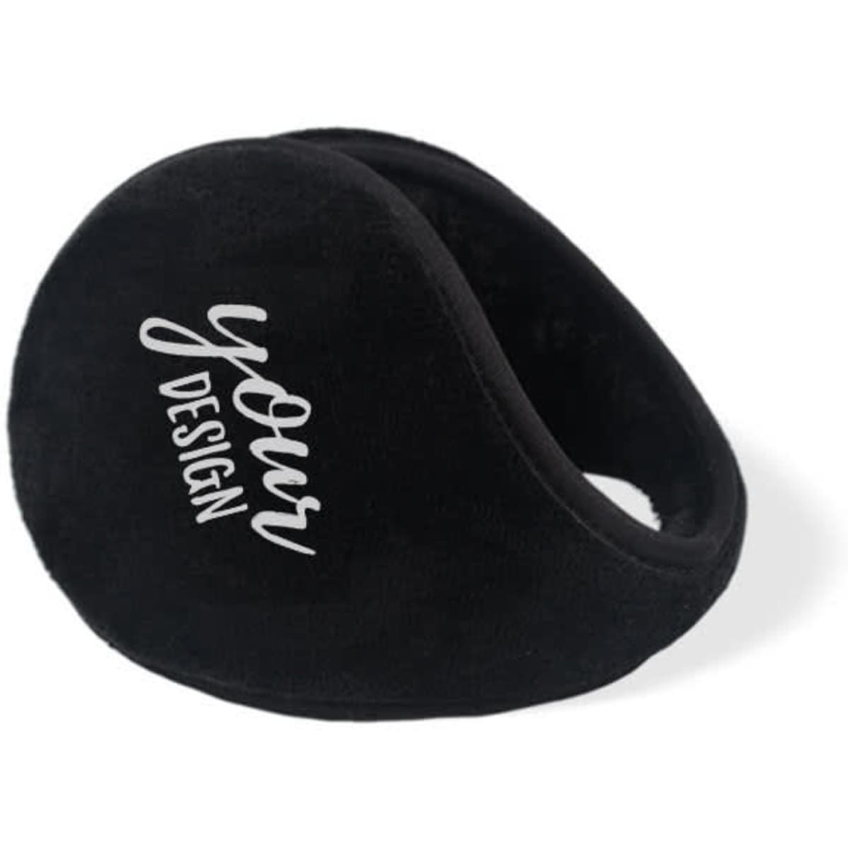 A pair of black unisex winter earmuffs with a logo, featuring a soft, plush design.