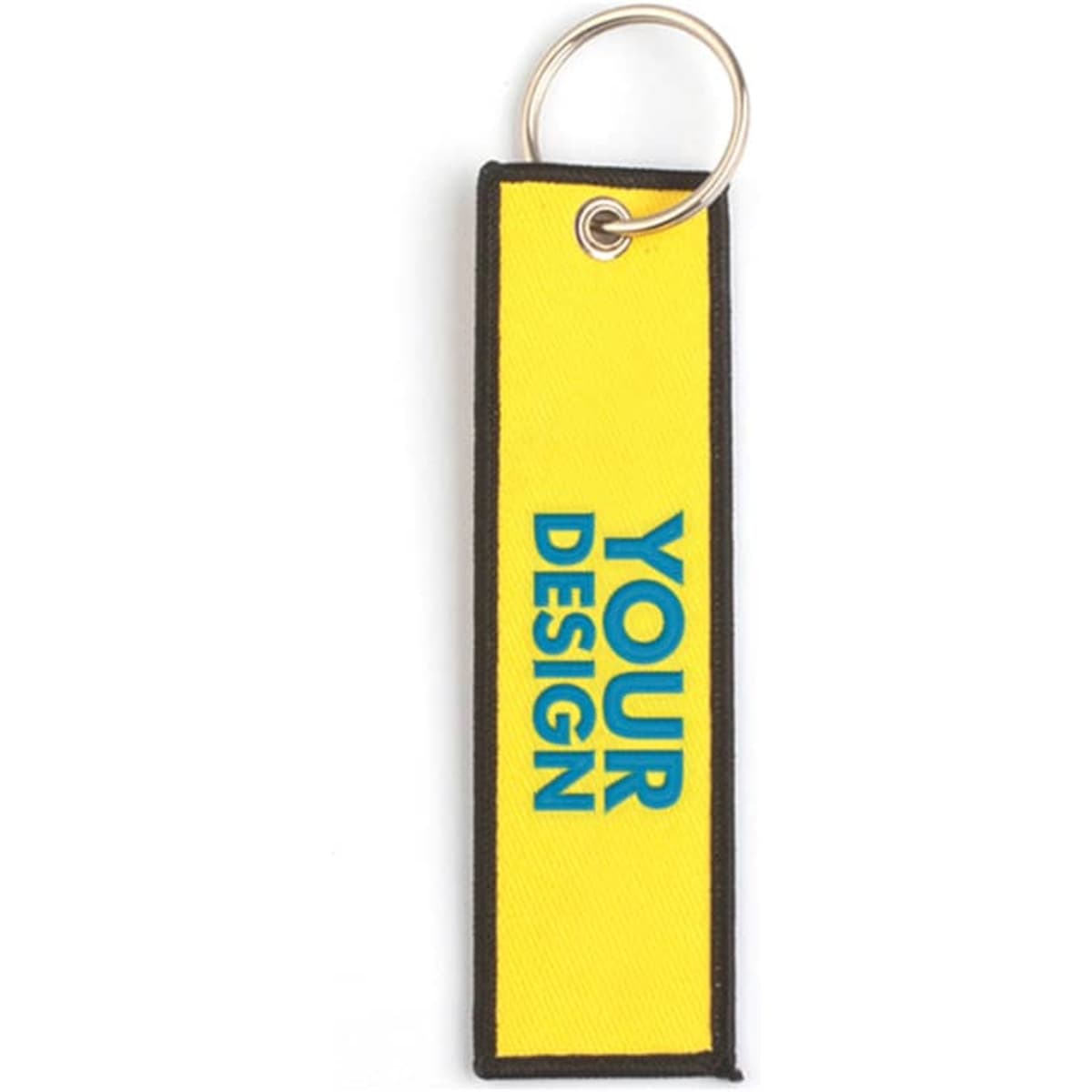 A yellow custom embroidered keychain with a black border and a keyring attachment. It features a design area.
