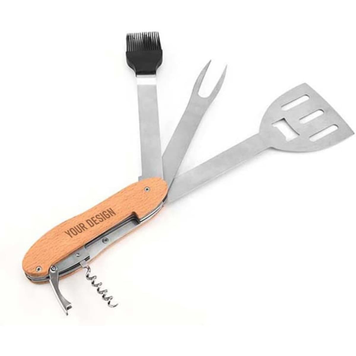 A 5 in 1 BBQ multi tool featuring stainless steel utensils and a wooden handle with a corkscrew. It has a branding area.
