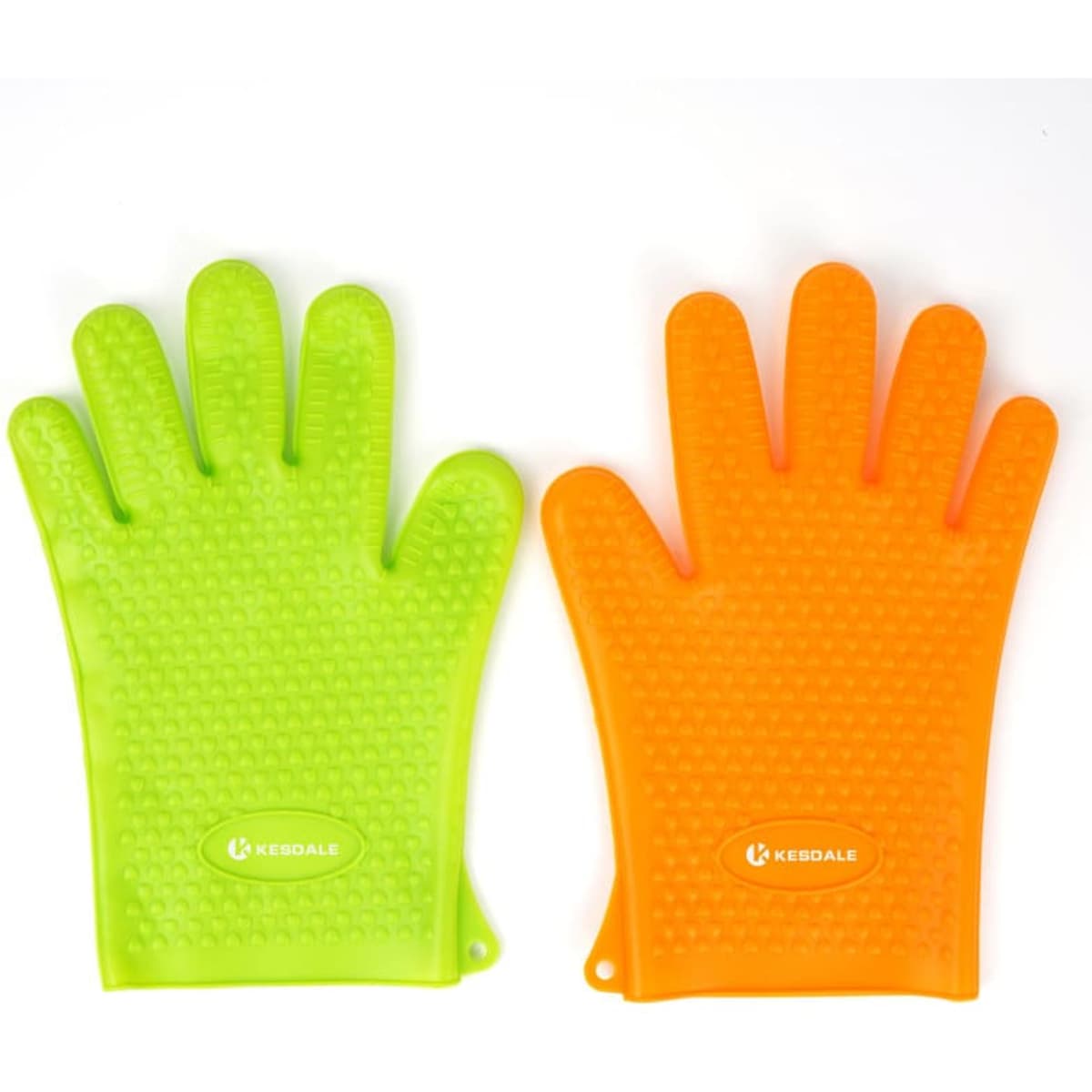 Heart-shaped silicone oven gloves in vibrant green and orange, featuring textured grips and a logo.