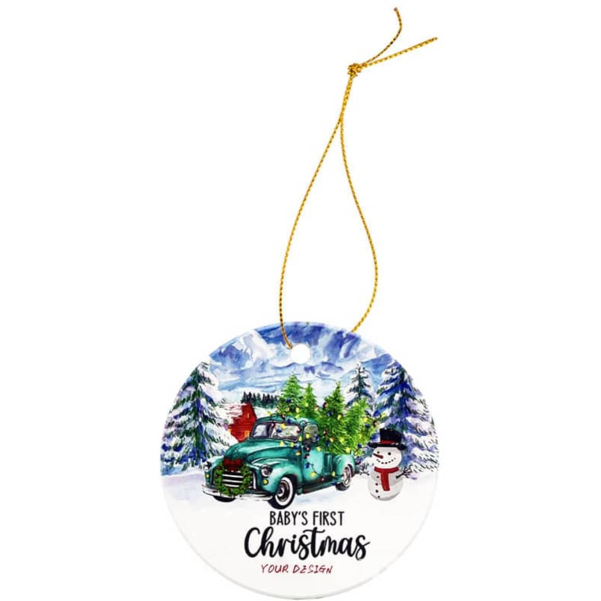 A round acrylic Christmas ornament featuring a vintage green truck, snowman, and snowy trees, with a gold string for hanging.