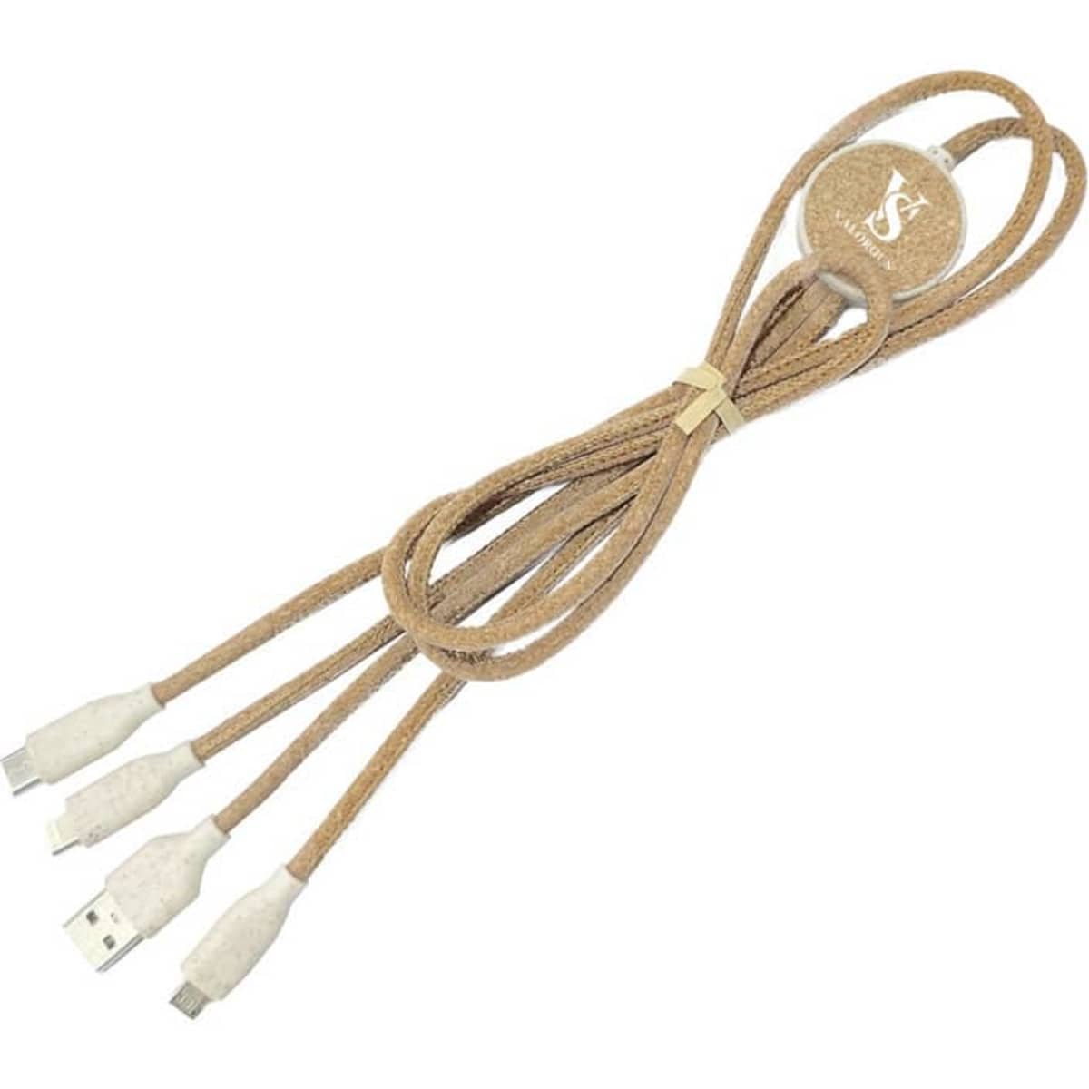 A charging cable with a wheat straw and cork design, featuring multiple connectors in a light brown colour.