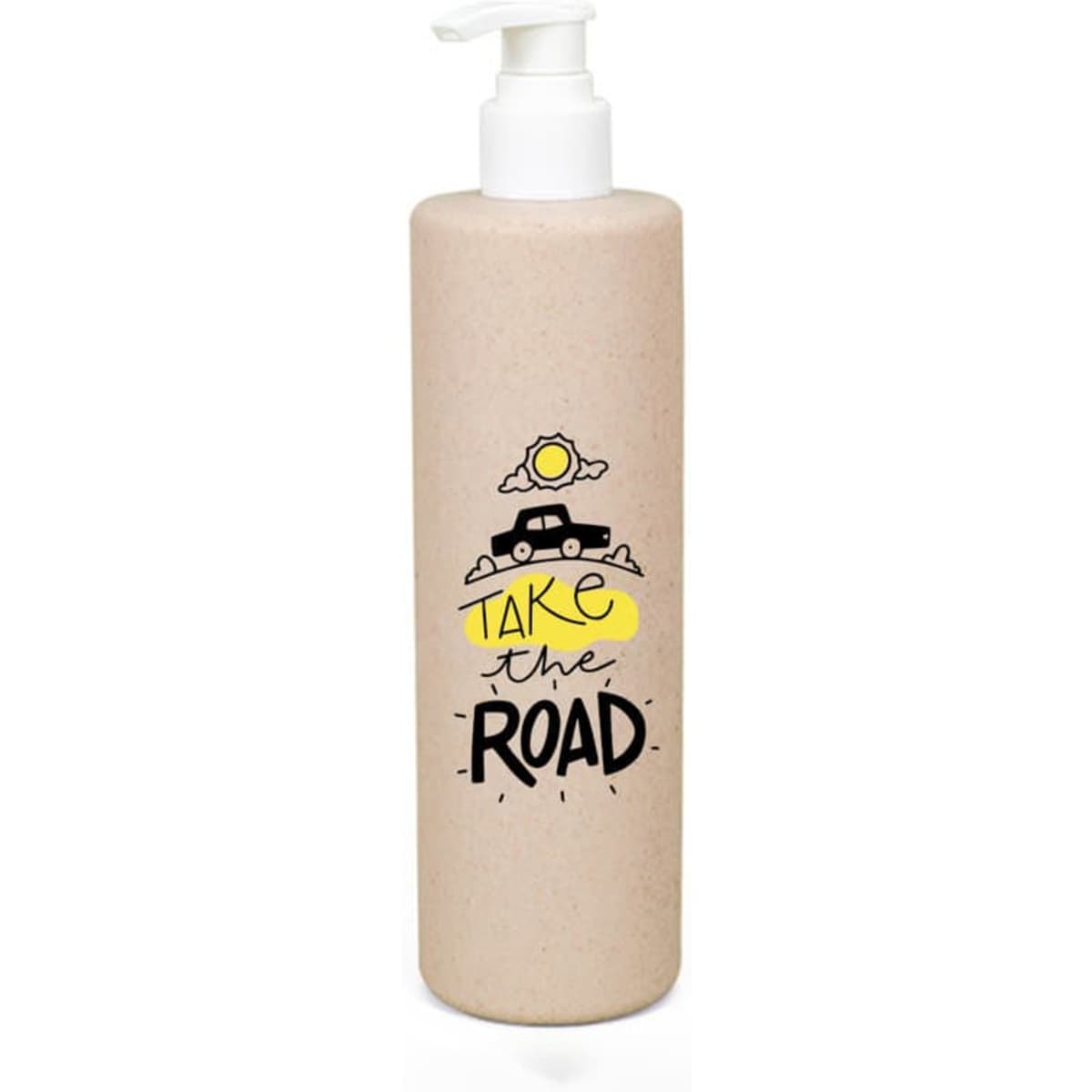 A wheat straw cosmetic pump bottle in a light tan colour, featuring a logo and a pump dispenser.