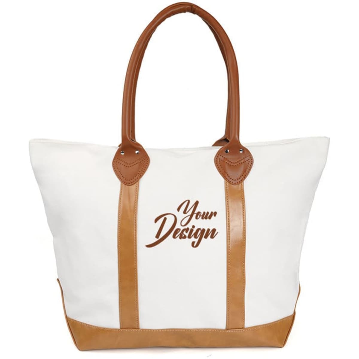 A large capacity tote bag in white with tan leather handles and accents, featuring a logo.