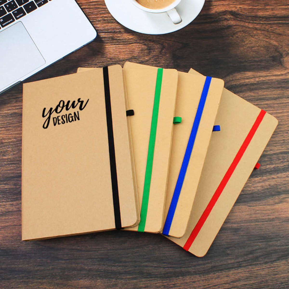 A5 Kraft paper notebooks in various colours—black, green, blue, and red—with elastic bands and a logo.