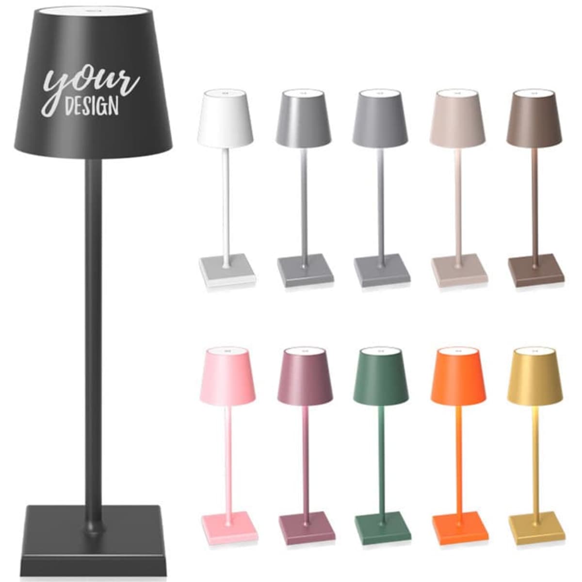 A custom LED table lamp display featuring various colours, including black, grey, pink, green, and orange, with a branding logo.