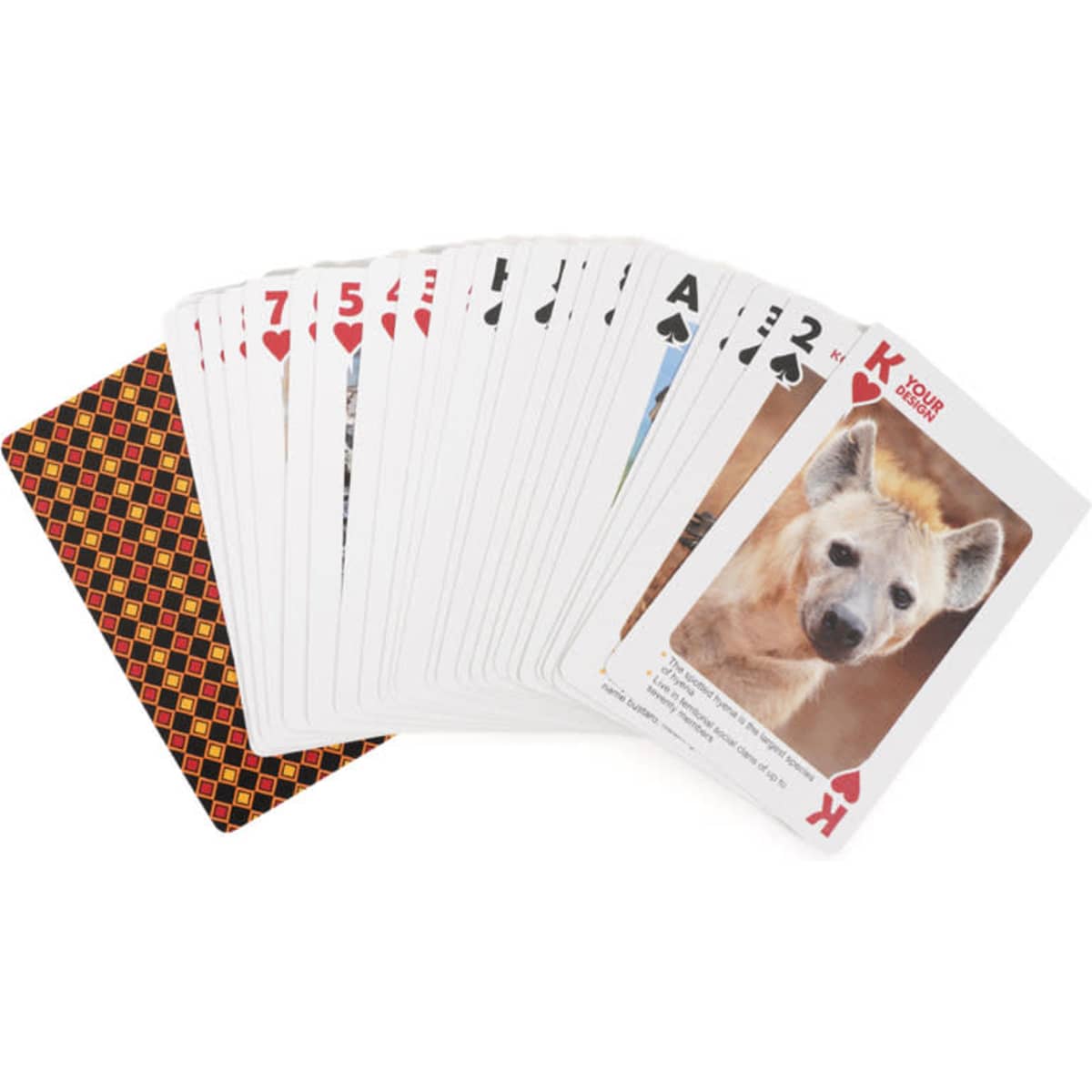 Custom white core playing cards featuring various designs, with a red and black patterned back.