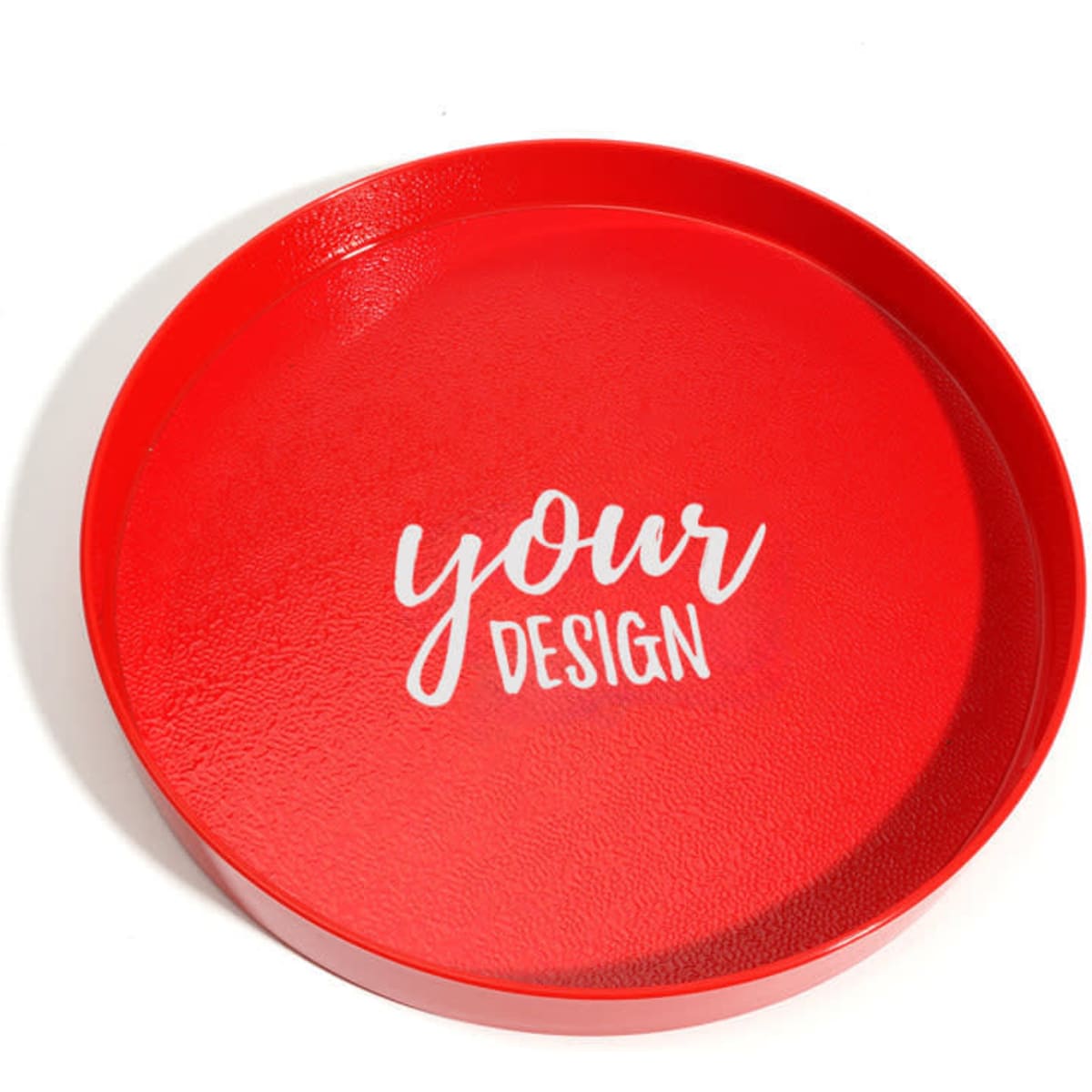 A round, red plastic tray featuring a white design space for customisation. It has a slight rim around the edge.