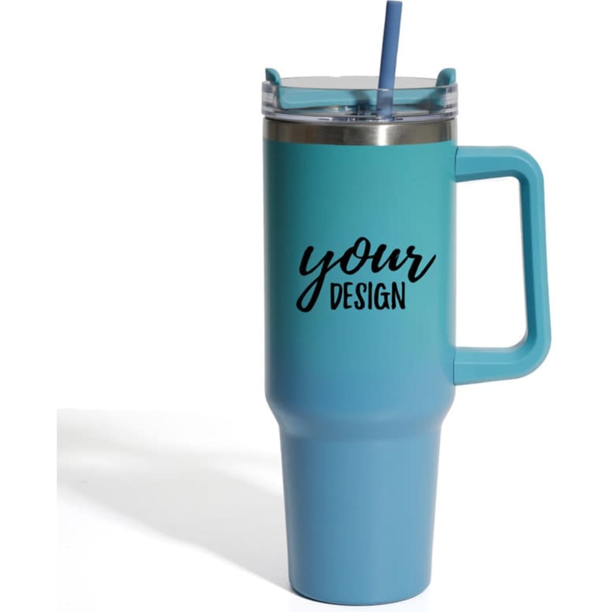 A drink bottle in gradient blue shades, featuring a handle, straw, and a logo or branding design.