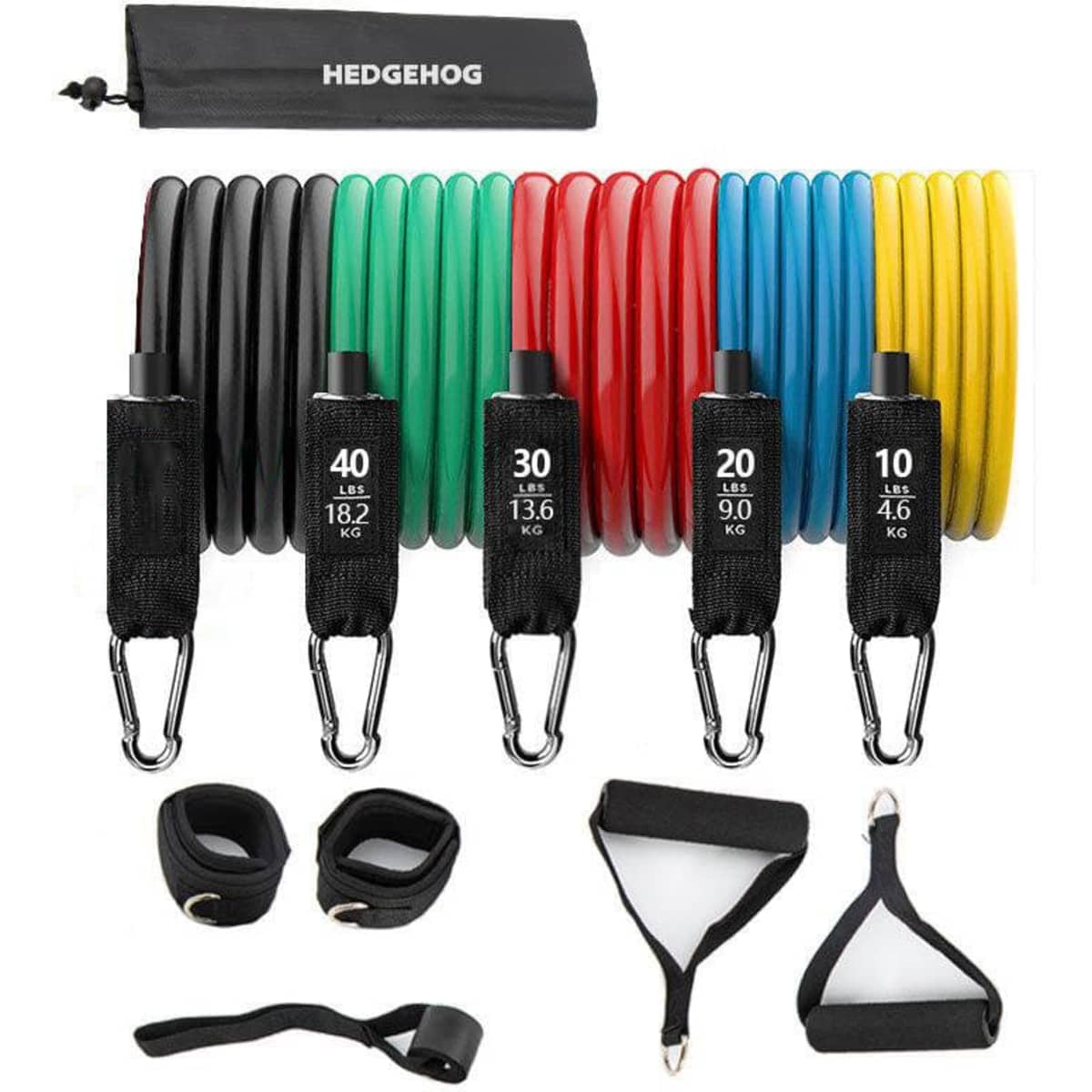 Resistance bands in various colours: black, green, red, blue, and yellow, with attachments and a carry bag.