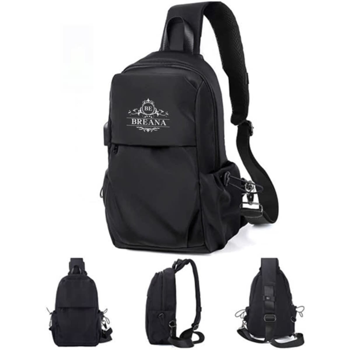 A black Sling Crossbody Shoulder Bag featuring multiple pockets and a logo. Positioned in various angles for display.