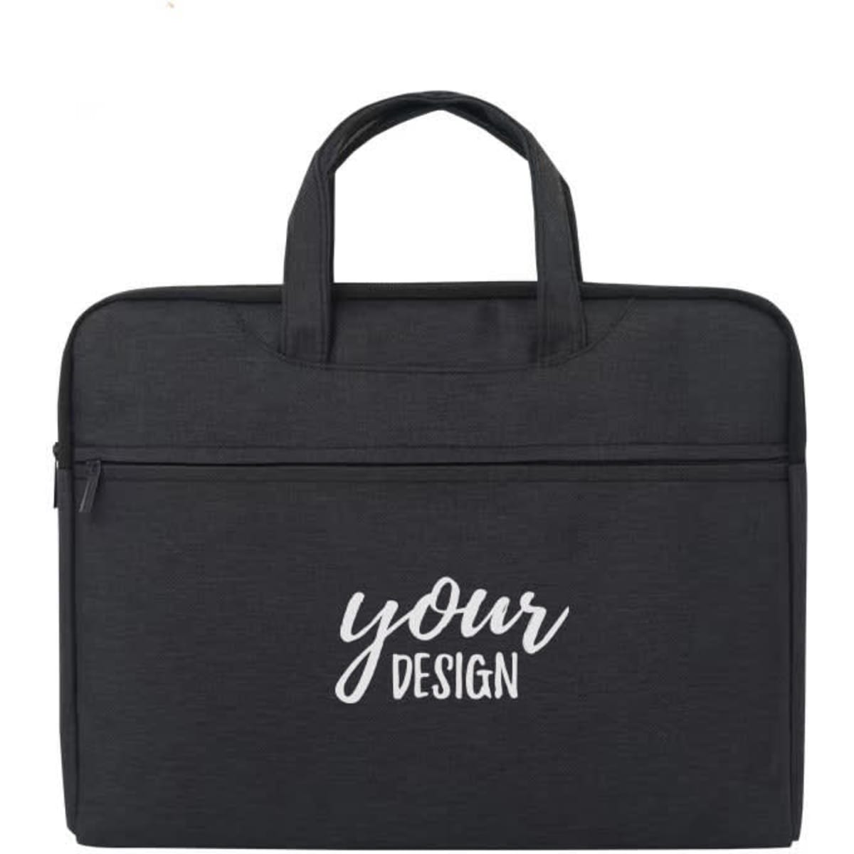 A multifunctional briefcase bag in black with one front pocket and a logo featuring the words "your design."