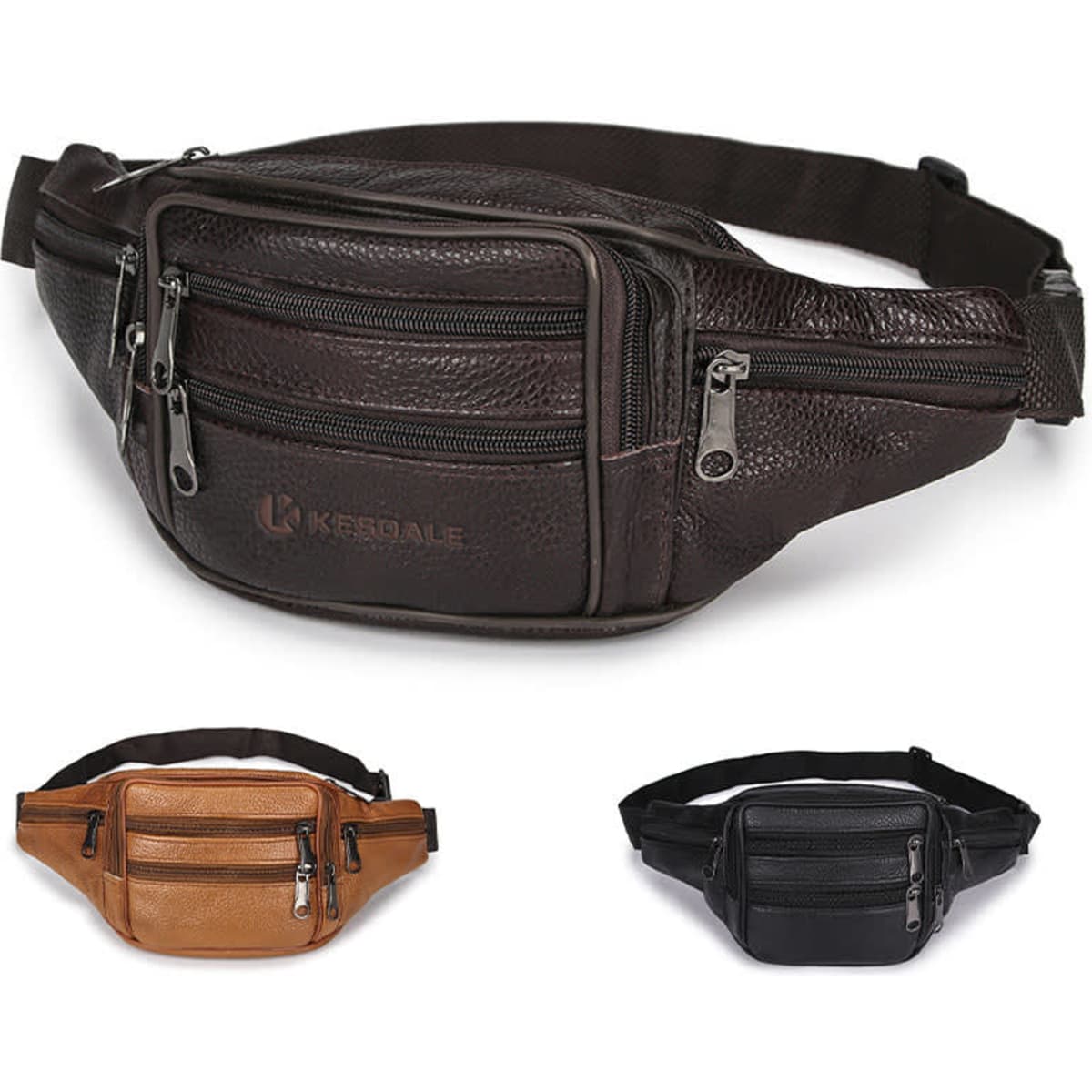 A brown leather fanny bag with multiple zippered pockets, accompanied by a tan and a black version. All feature a logo.