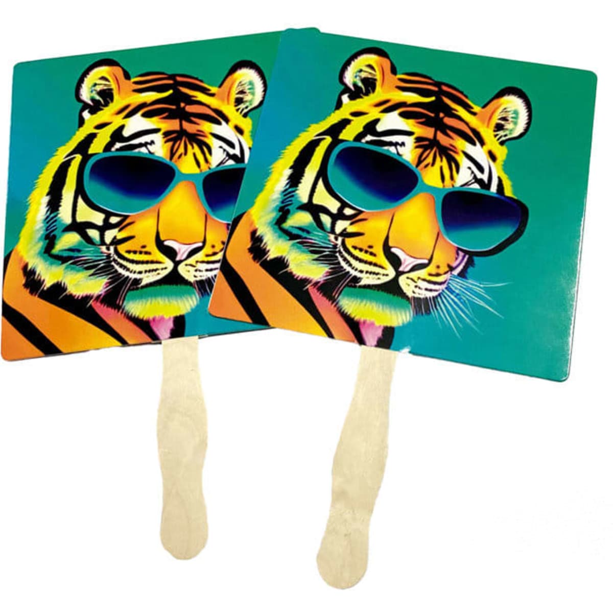 A vibrant hand fan featuring a stylised tiger wearing sunglasses, with a wooden handle.