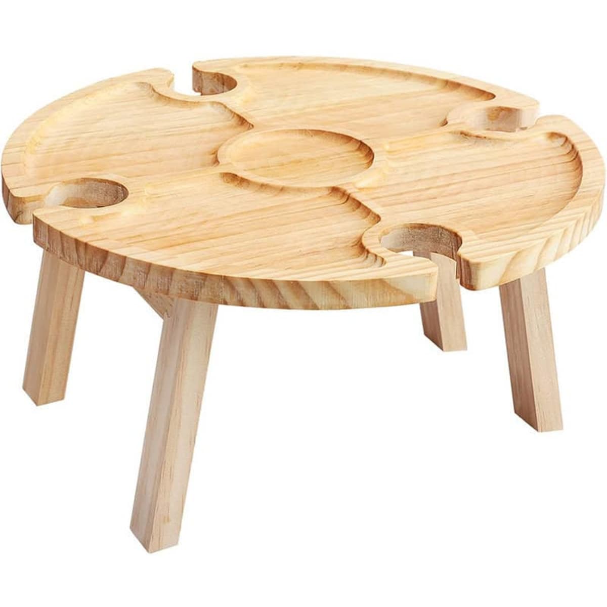 A wooden folding picnic table with four wine glass holders, featuring a circular design and light timber finish.