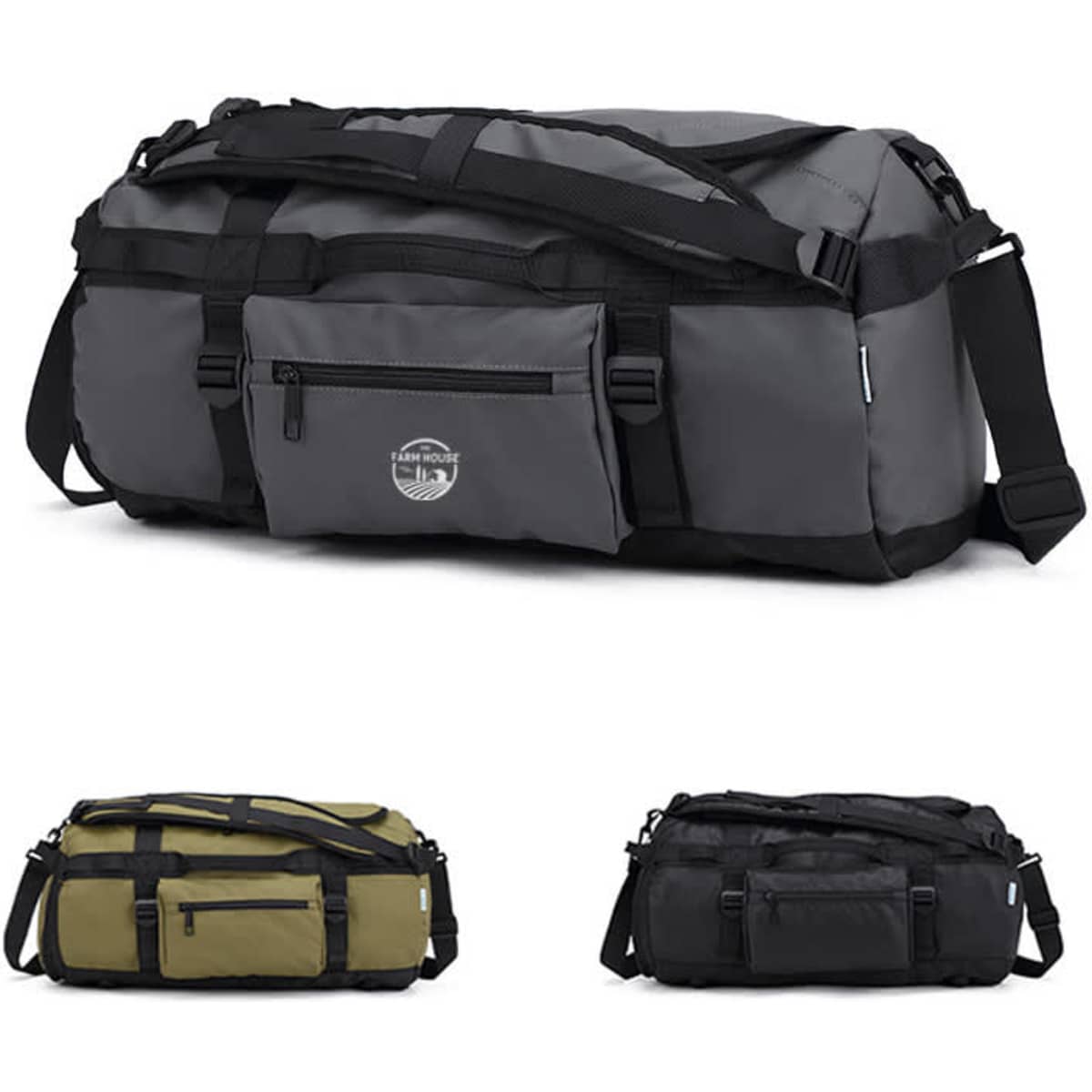A foldable travel duffel bag in grey with a front pocket. Includes adjustable straps and features a logo.