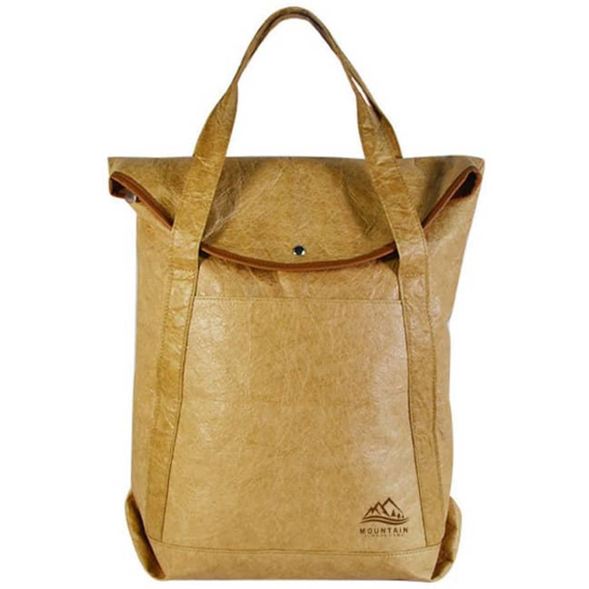 A brown portable backpack made of Dupont paper with a fold-over top and logos. It features two sturdy straps.