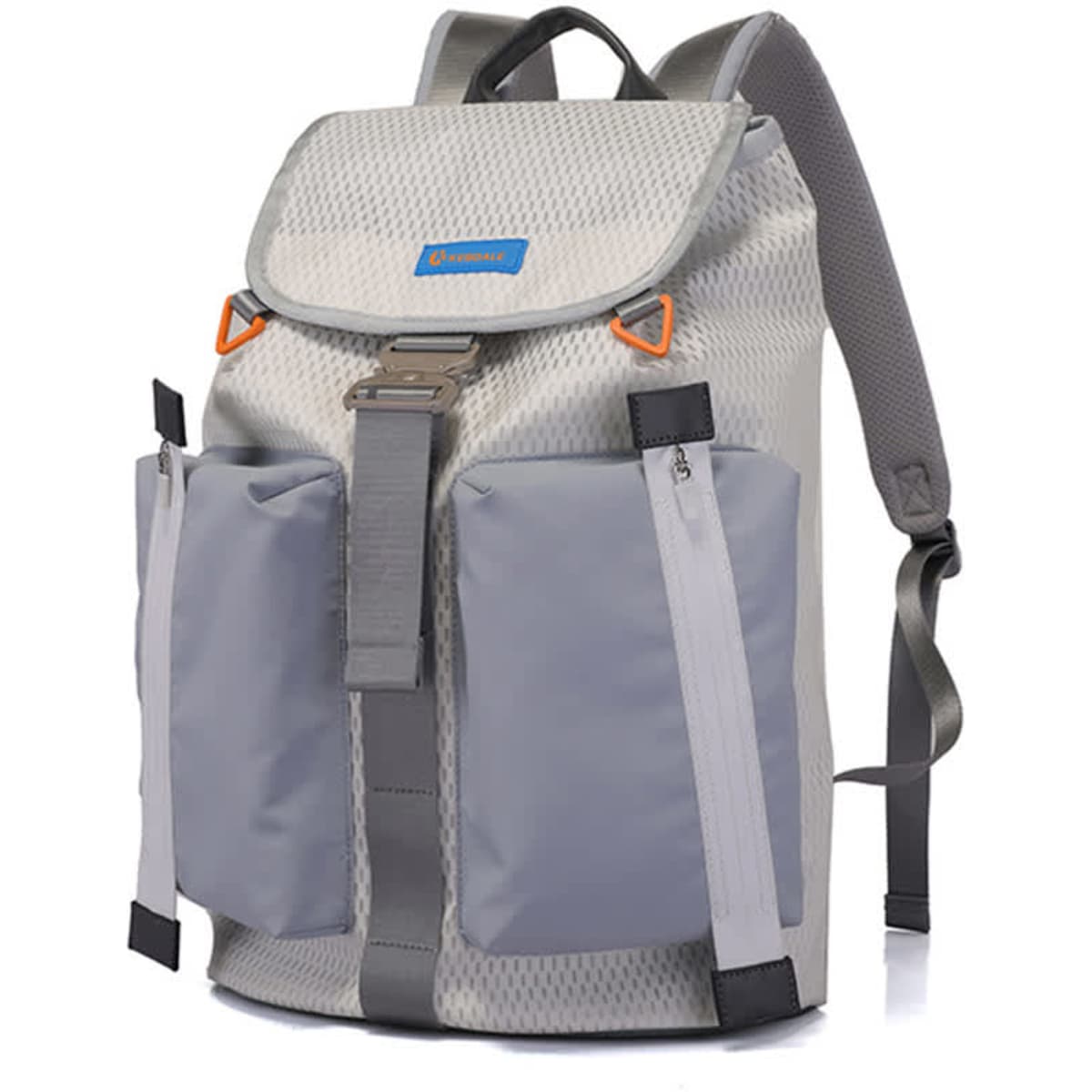 A grey drawstring backpack with front pockets and a top flap, featuring a logo. Ideal for outdoor use.
