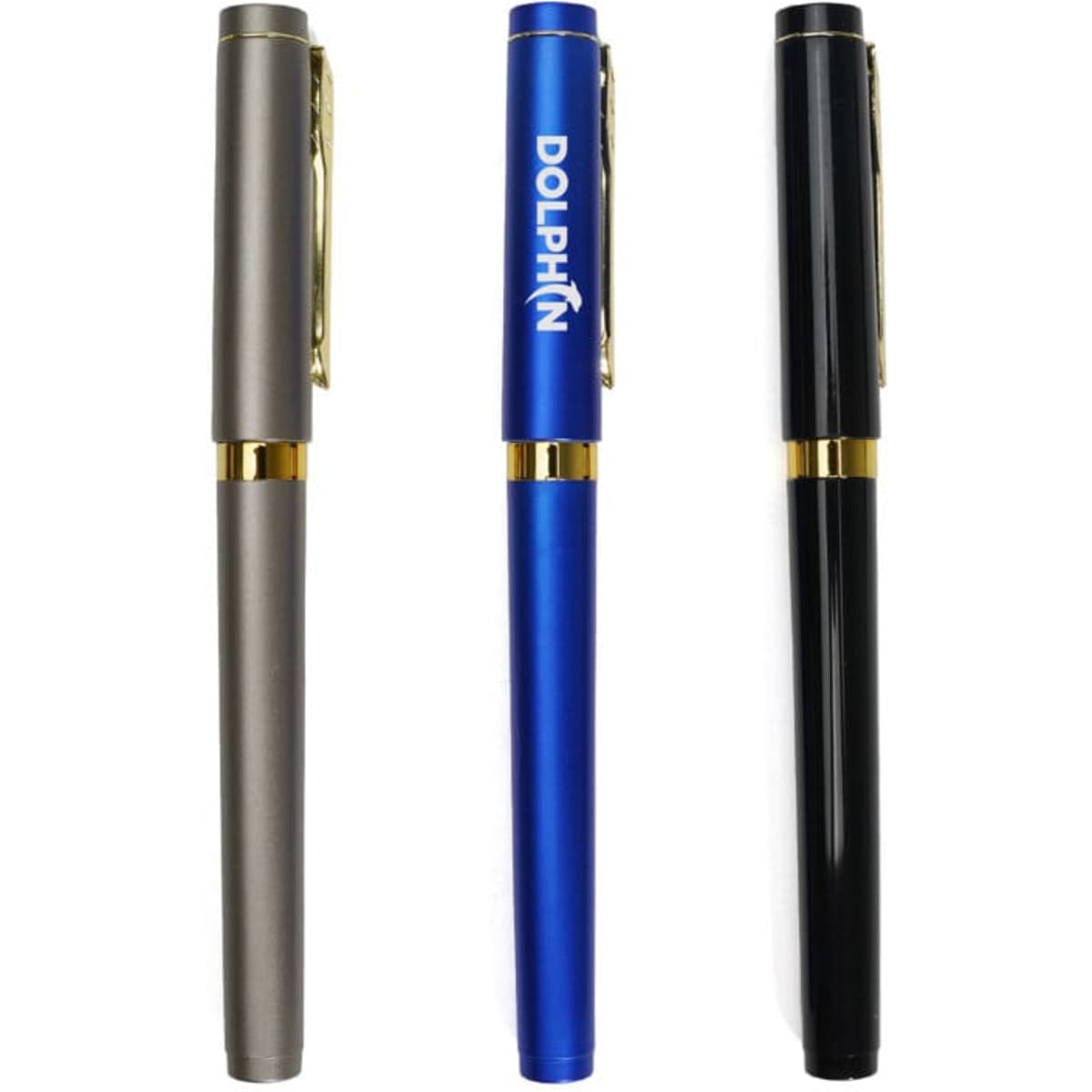 A set of three pens in silver, blue, and black, each featuring a gold trim and a logo.