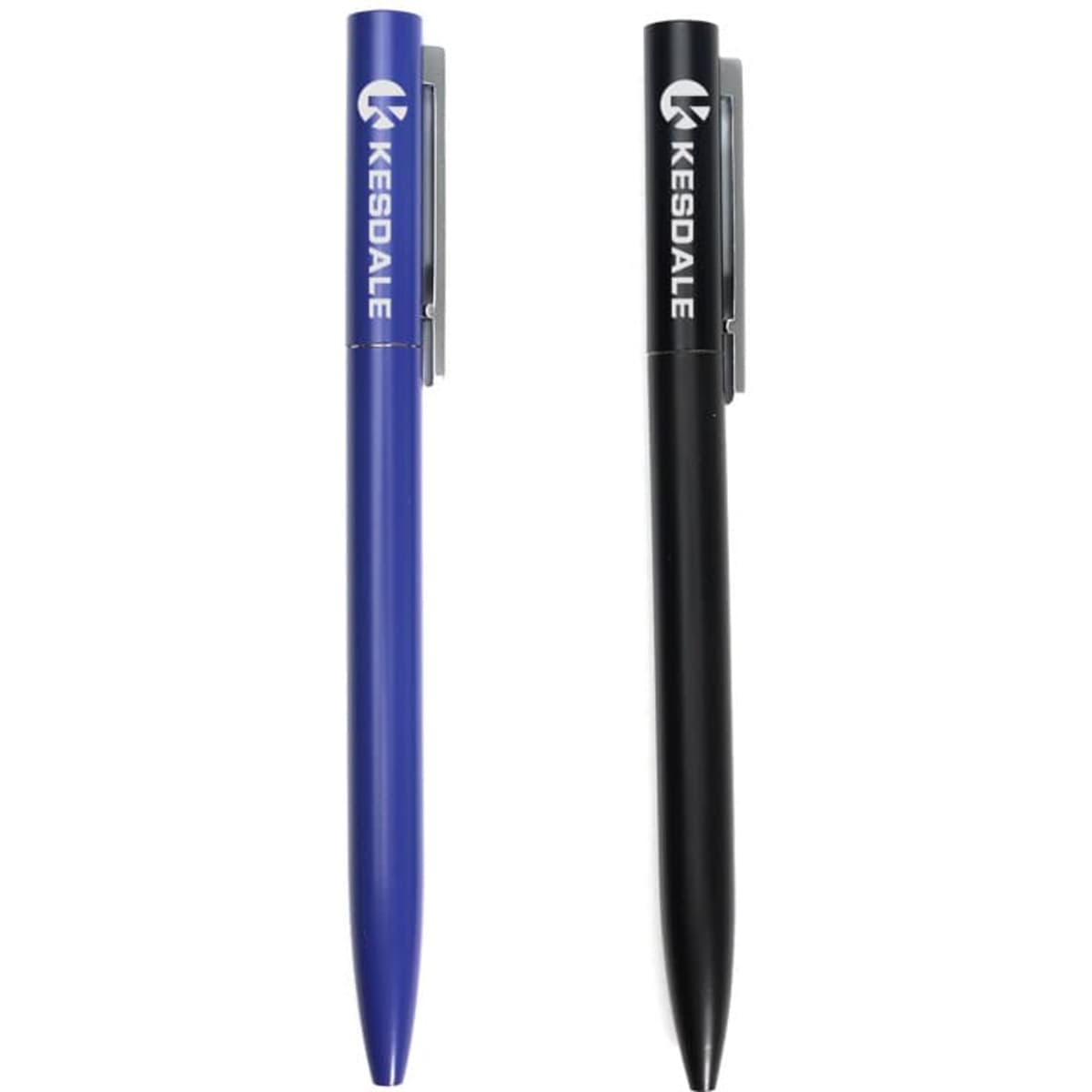 A custom writing pen set featuring a blue pen and a black pen, both with a branding logo.