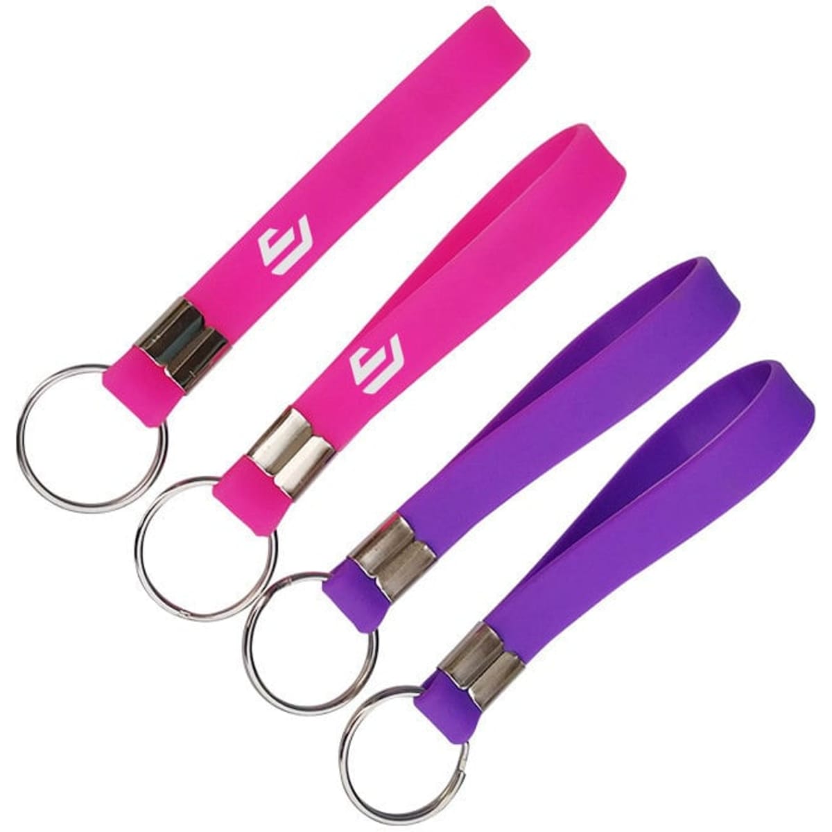 A set of silicone keychain wristbands in pink and purple, featuring a metal keyring and branding.