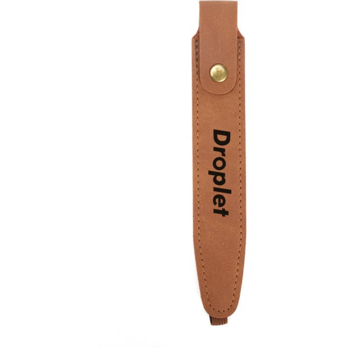 A tan PVC leather pen holder with a button clasp and a logo imprint.