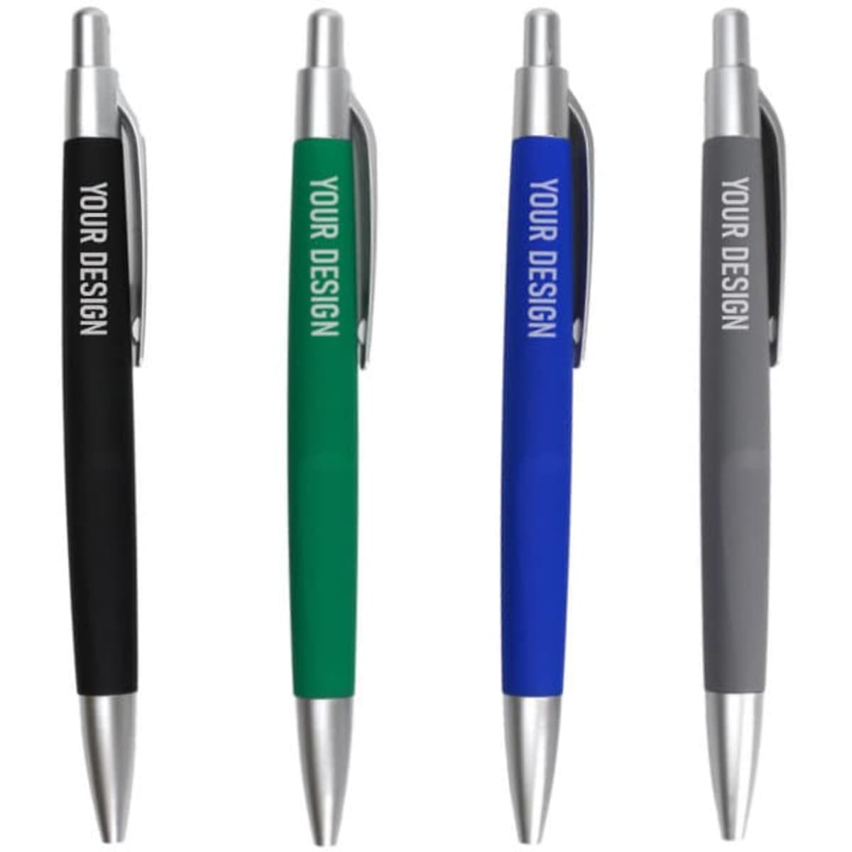 Four custom plastic ballpoint pens in black, green, blue, and grey, each featuring a logo or branding.
