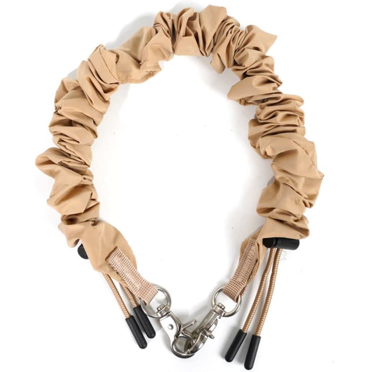A scrunchie keychain wristlet strap in a neutral beige tone, featuring metal clips and elastic design.