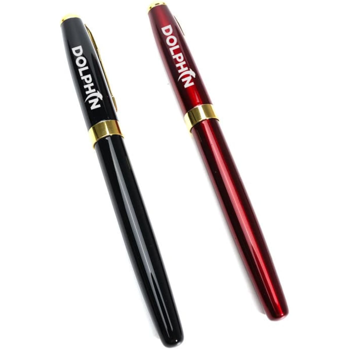 A custom fountain pen set featuring a black pen and a red pen with gold accents and a logo.