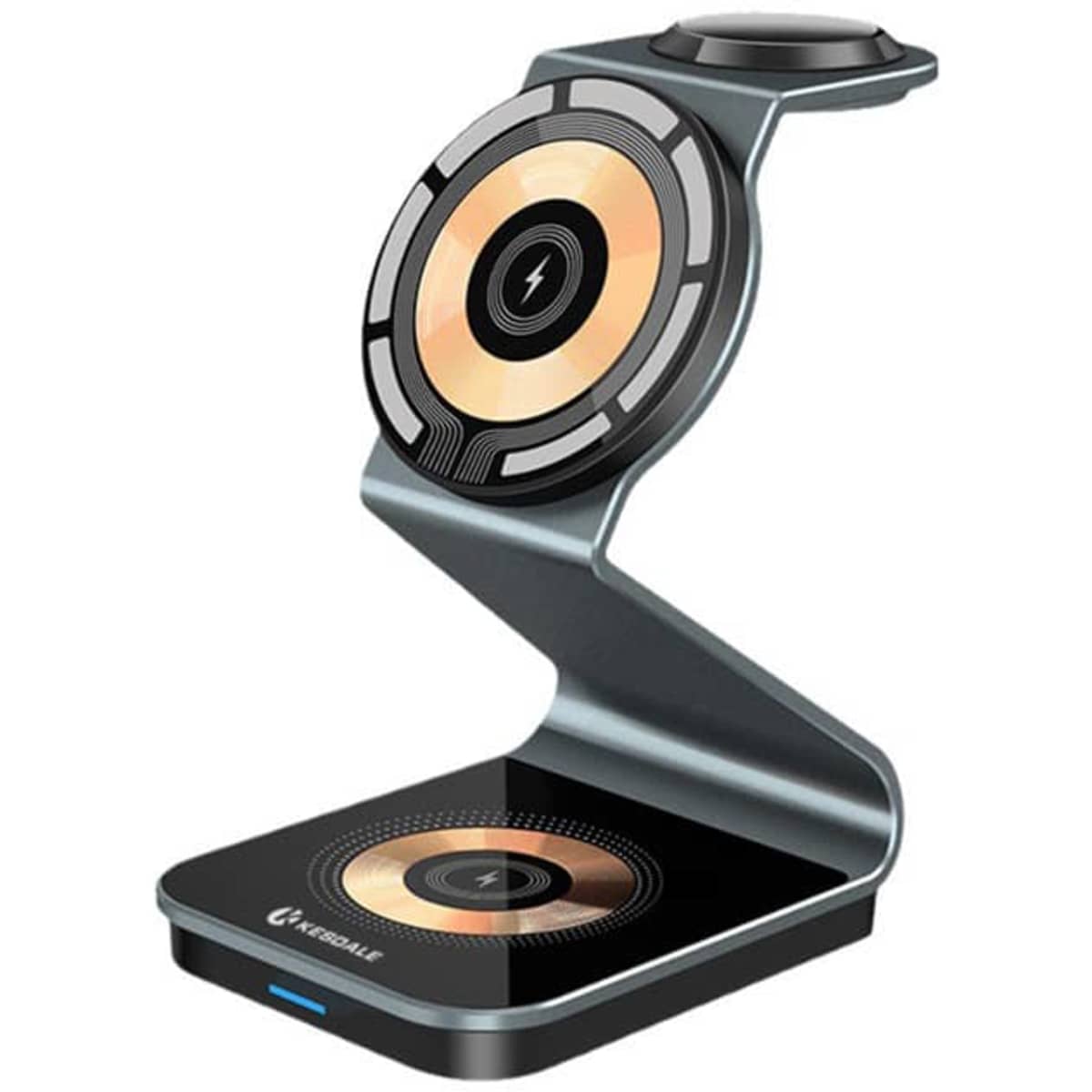 A metallic 3 In 1 Magnetic Wireless Charging Stand featuring a sleek design with gold and black accents.