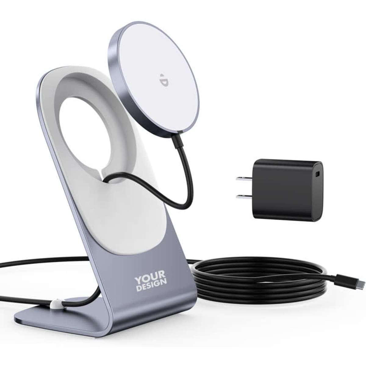 A silver and white 2-in-1 magnetic wireless charger stand with a charging cable and plug.