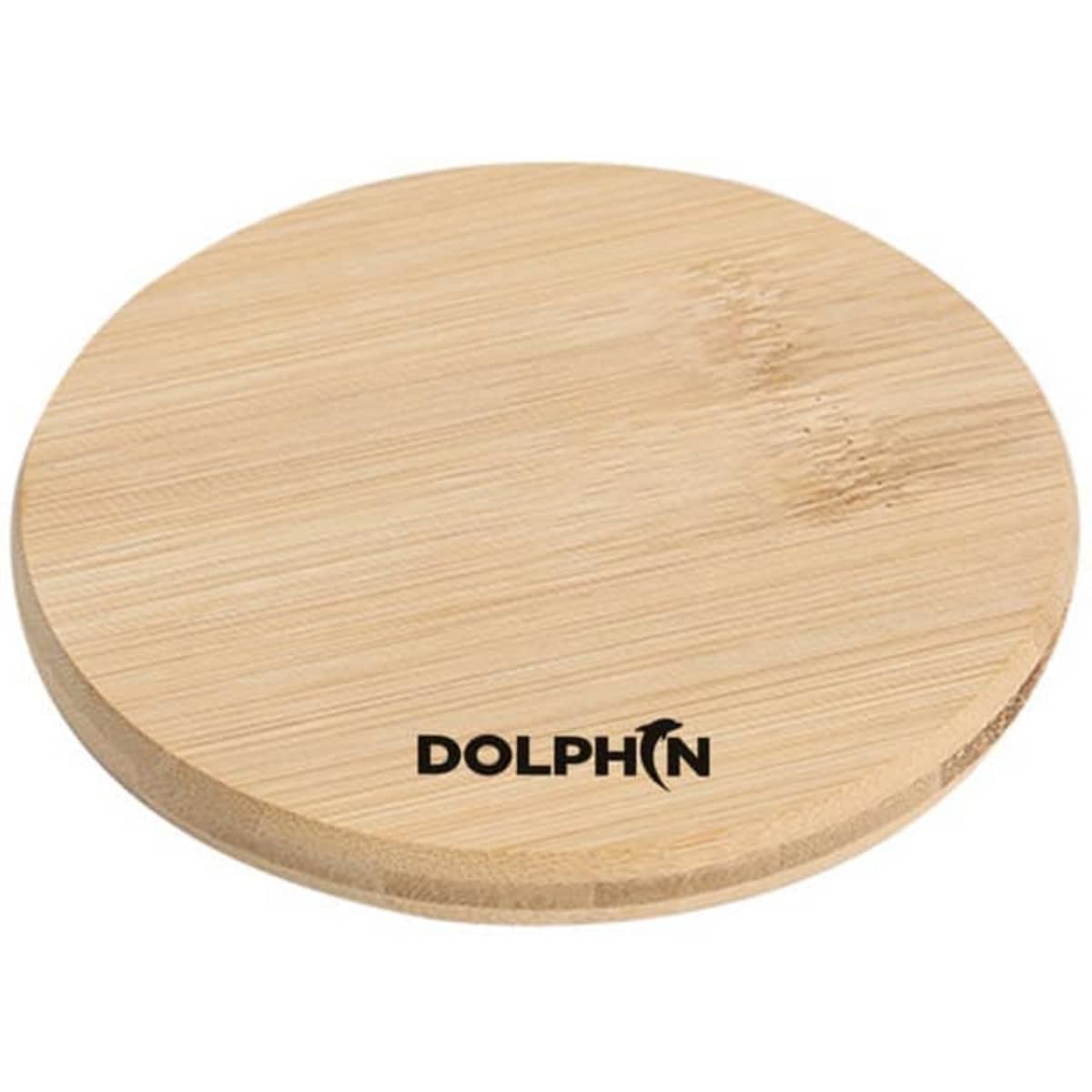 A round, 4-inch wooden coaster in a natural bamboo finish, featuring a logo.