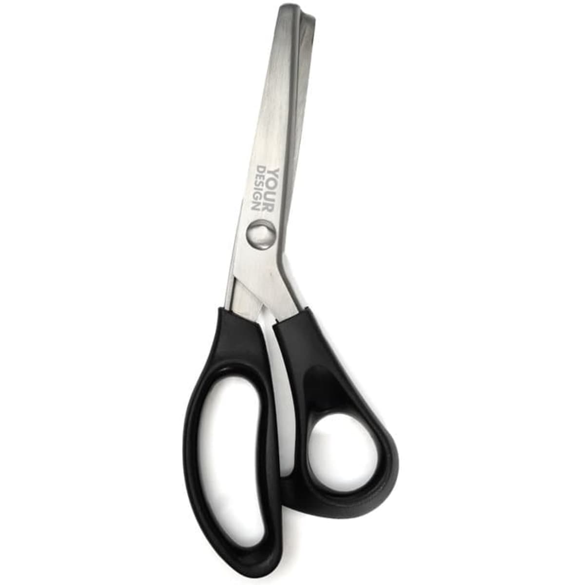 Stainless steel pinking shears with black handles, featuring a logo on the blade.